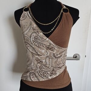 D.i.a Gyaru Brown Paisley Halter Backless Gold O Ring Wrap Camisole